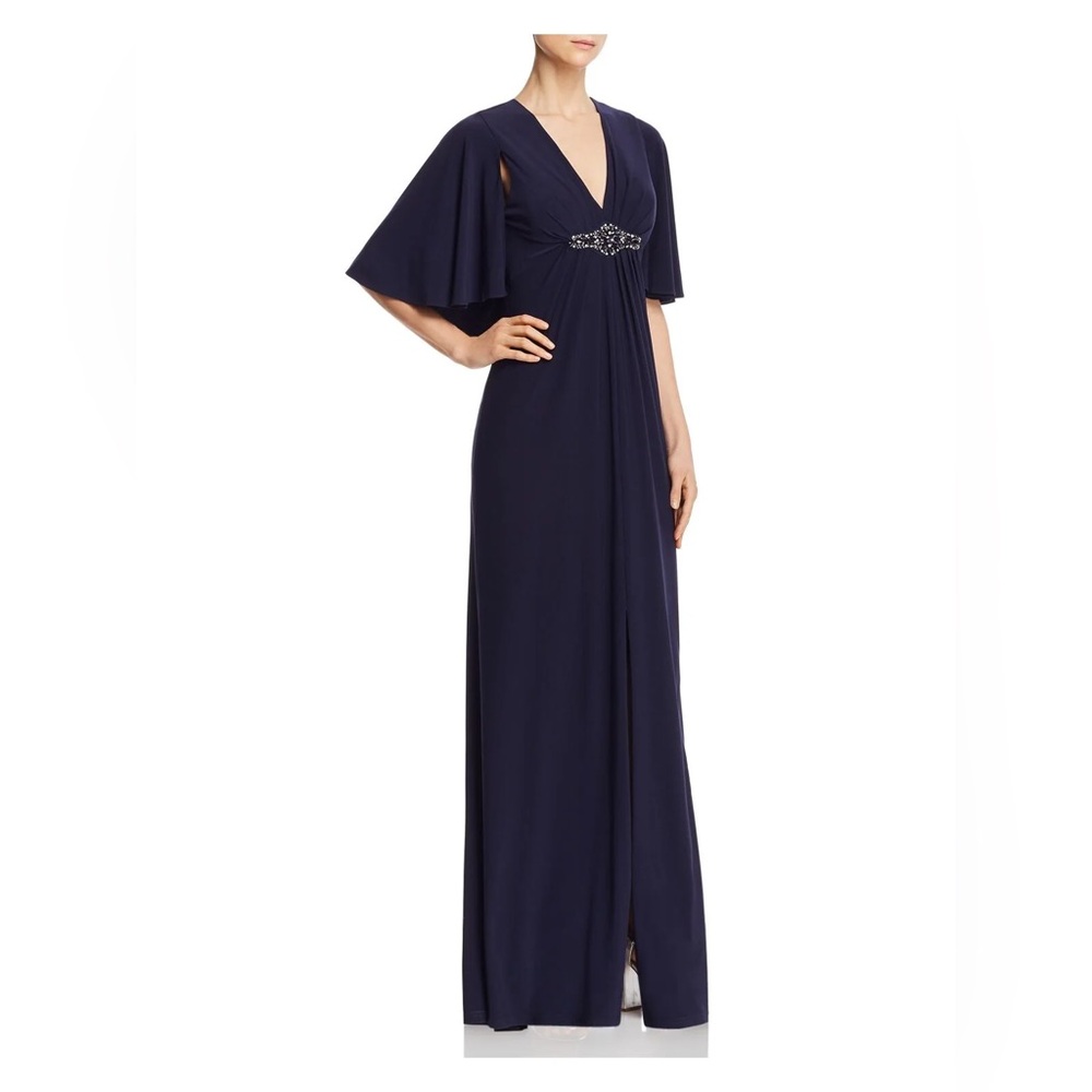 NWT Eliza J Embellished Cape V Neck Navy Maxi Formal Full Length Dress 24W